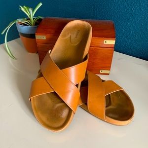 Birdies Leather Cross-Top Sandals, Size 9, Camel